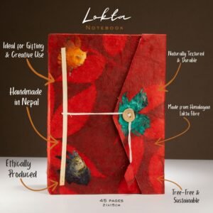 Lokta Bold Floral Notebook – Large (21x15cm) – 45 Leaves – Includes Bookmark – Ruby